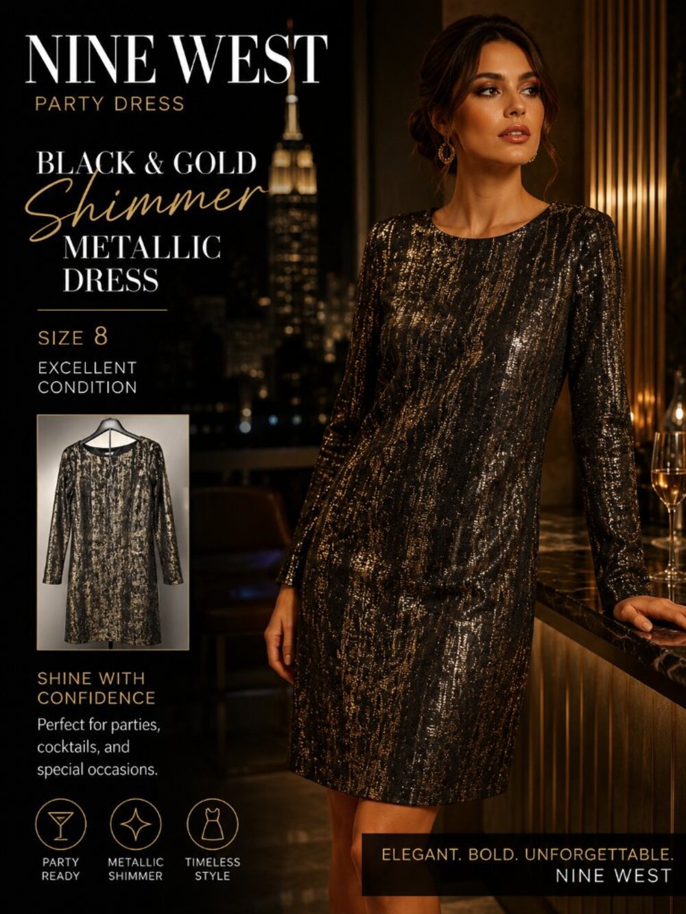 Nine West Black Dress with Gold Metallic Texture - Long Sleeve